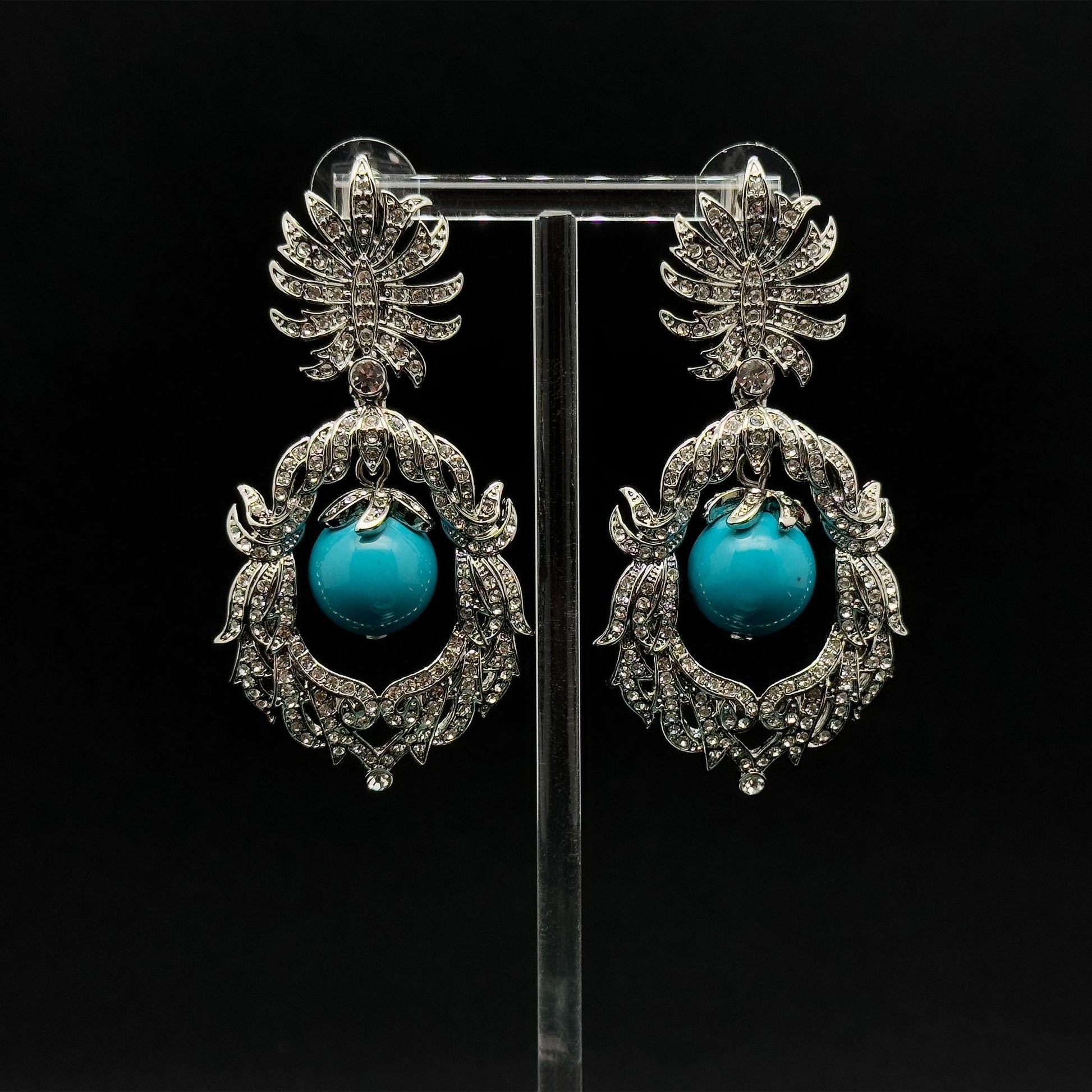 Vintage Art Deco Turquoise Drop Earrings with Rhinestone Accents
