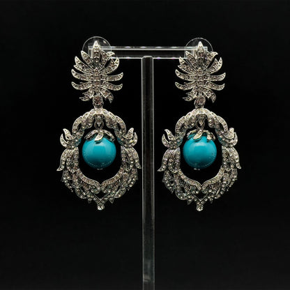 Vintage Art Deco Turquoise Drop Earrings with Rhinestone Accents