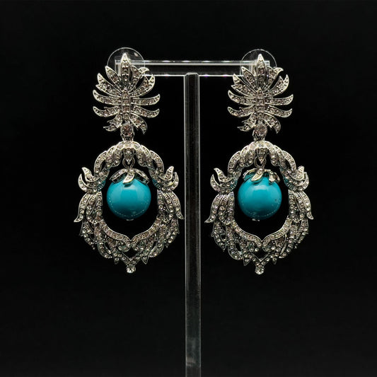 Vintage Art Deco Turquoise Drop Earrings with Rhinestone Accents