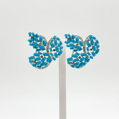 French Blue Leaf Rhinestone Drop Earrings Vintage Art Deco Style