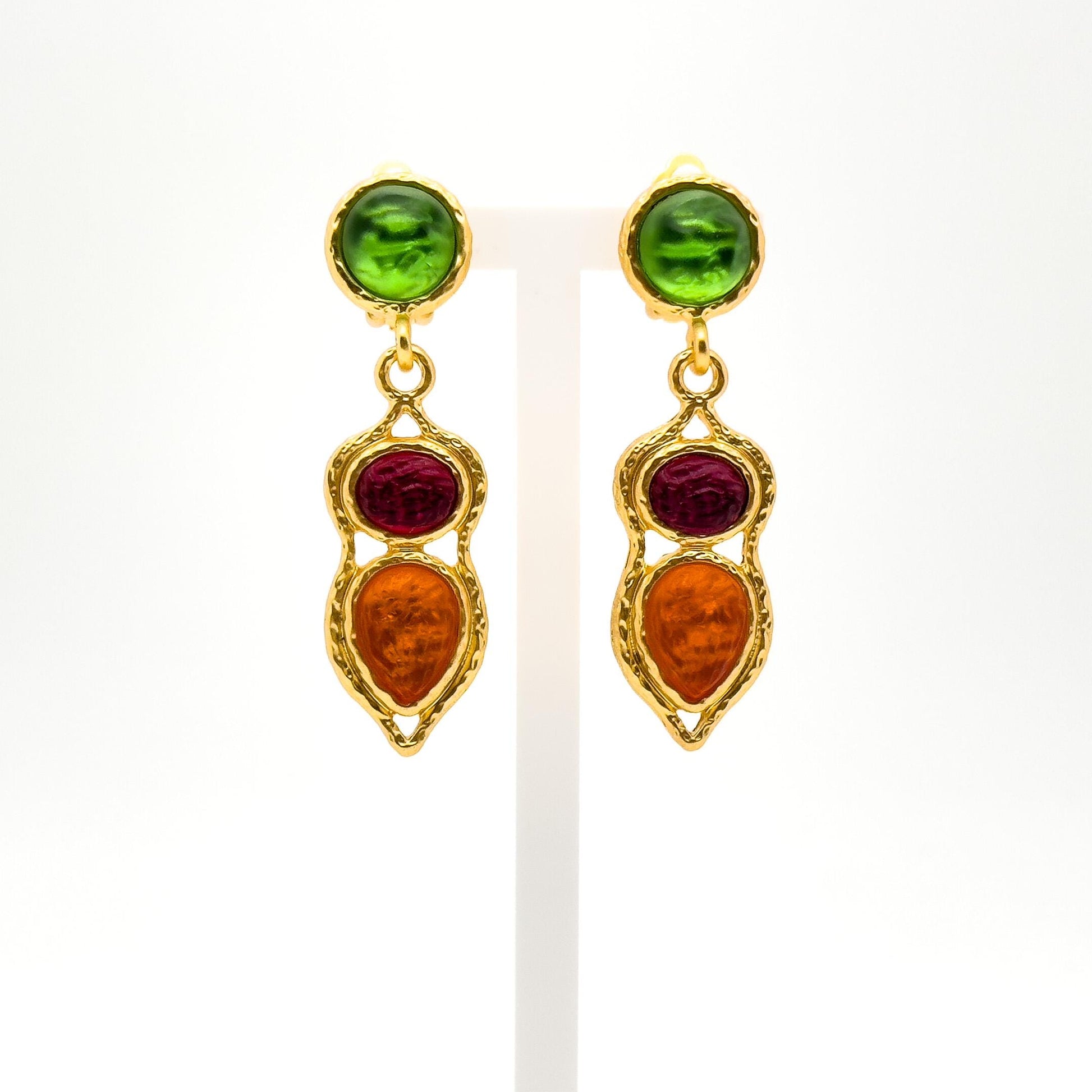 French Retro Palace Colourful Glass Dangle Earrings with Gold