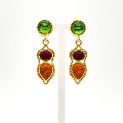 French Retro Palace Colourful Glass Dangle Earrings with Gold