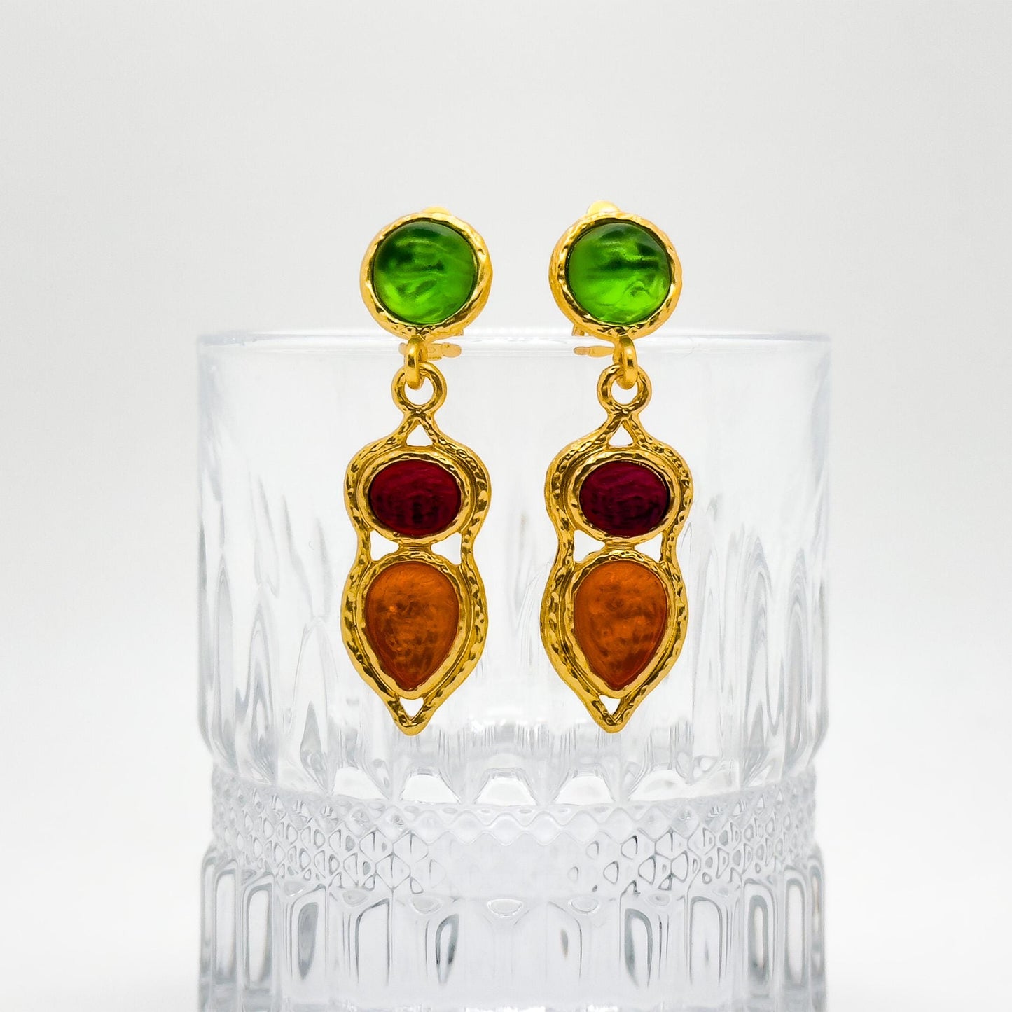 French Retro Palace Colourful Glass Dangle Earrings with Gold