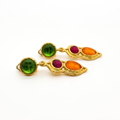 French Retro Palace Colourful Glass Dangle Earrings with Gold