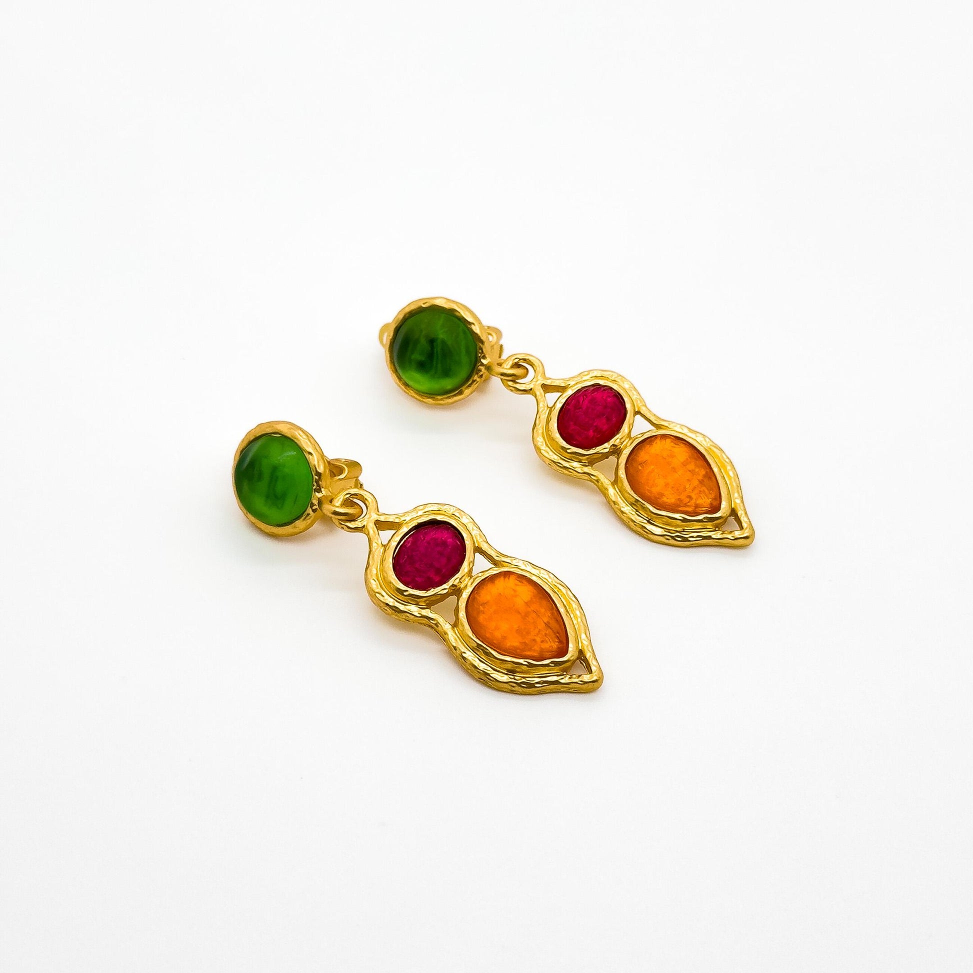 French Retro Palace Colourful Glass Dangle Earrings with Gold