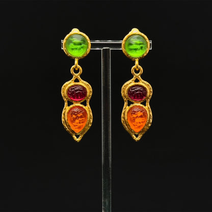 French Retro Palace Colourful Glass Dangle Earrings with Gold