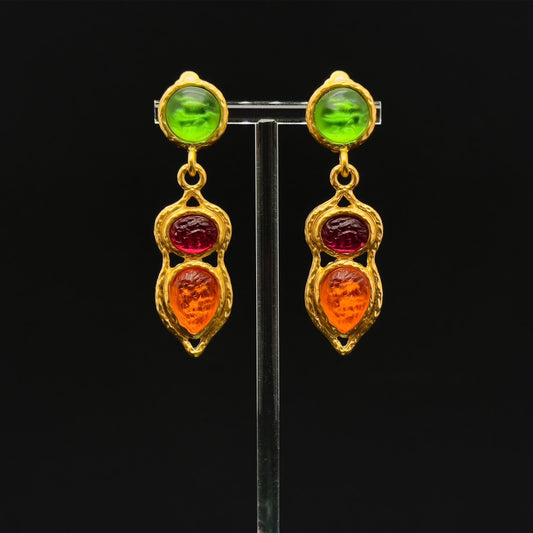 French Retro Palace Colourful Glass Dangle Earrings with Gold