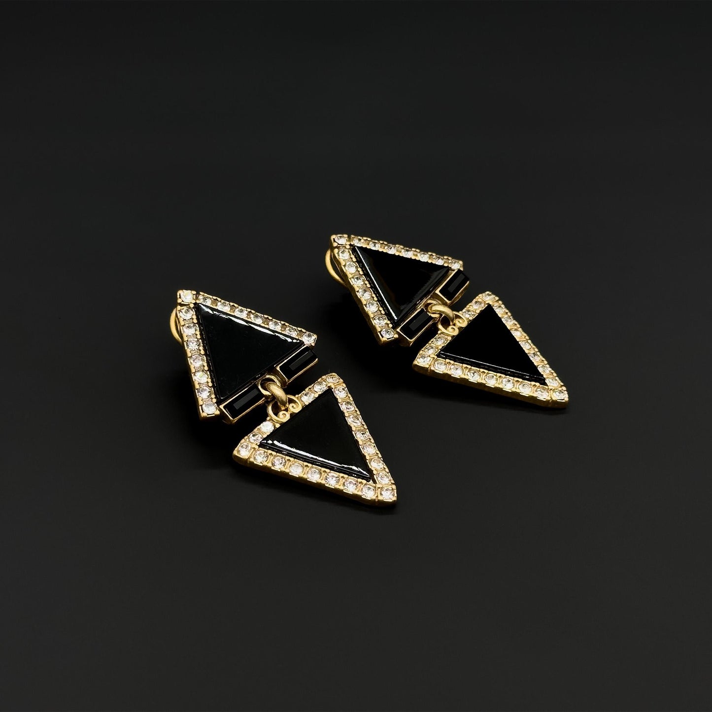 Art Deco Rhinestone Triangle Dangle Earrings with Copper Hooks