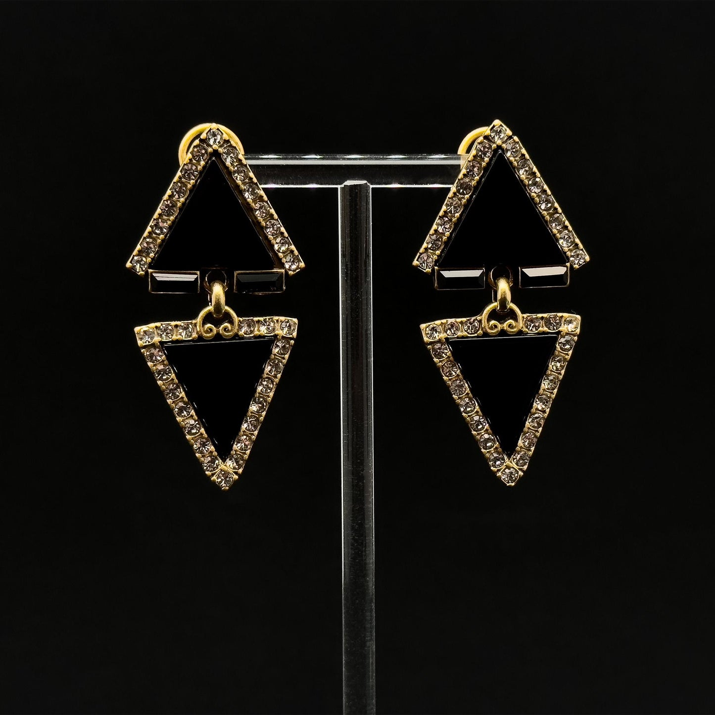 Art Deco Rhinestone Triangle Dangle Earrings with Copper Hooks