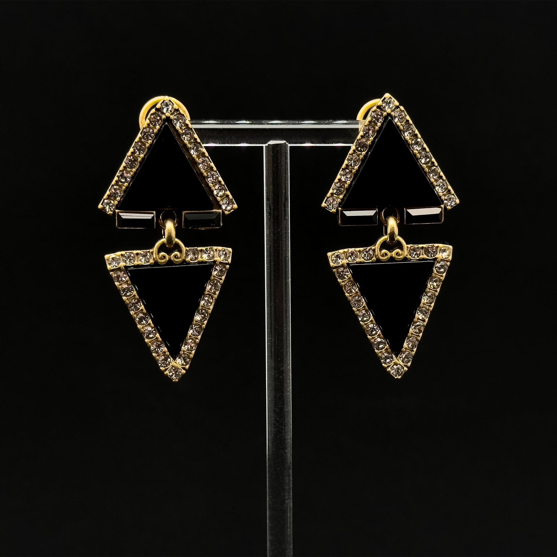 Art Deco Rhinestone Triangle Dangle Earrings with Copper Hooks