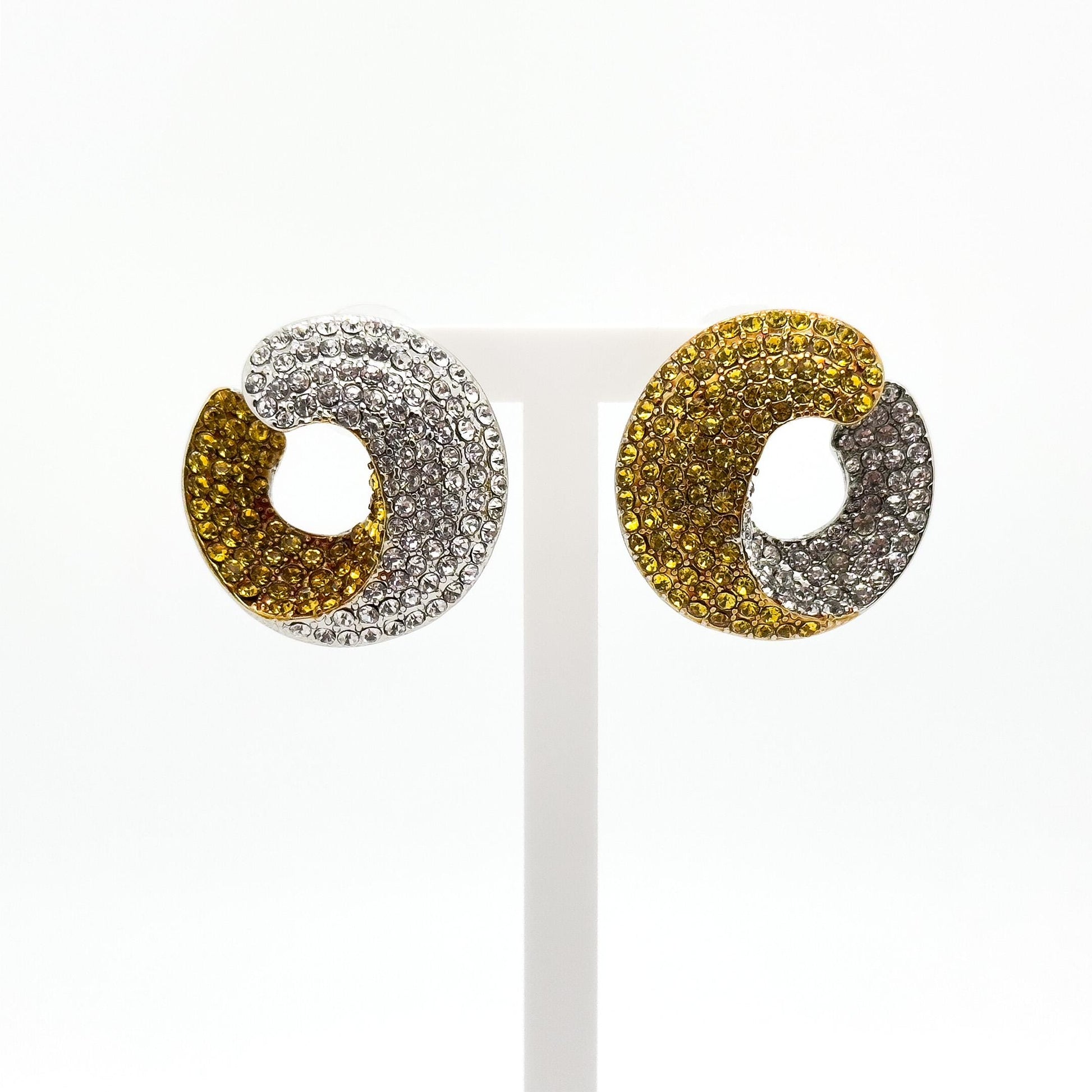 French Retro Contrast Hoop Earrings Gold Plated Rhinestone Art Deco