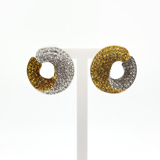 French Retro Contrast Hoop Earrings Gold Plated Rhinestone Art Deco