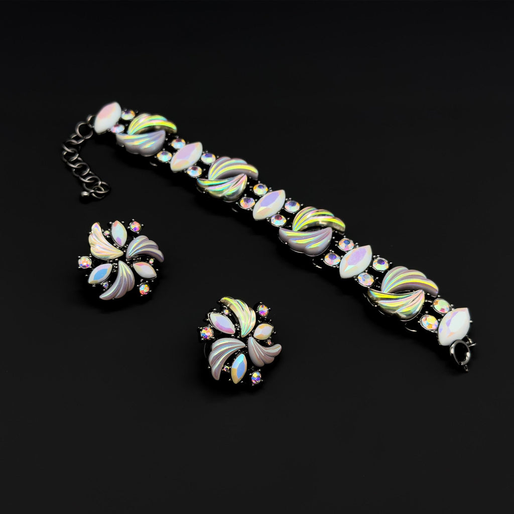 French Vintage Flower Earrings and Bracelet Set Rhinestone Boho Statement