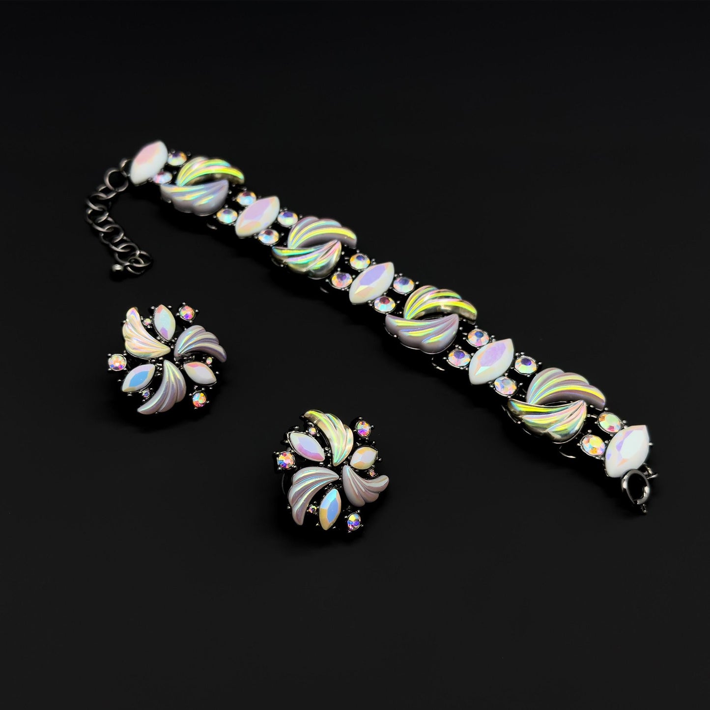 French Vintage Flower Earrings and Bracelet Set Rhinestone Boho Statement