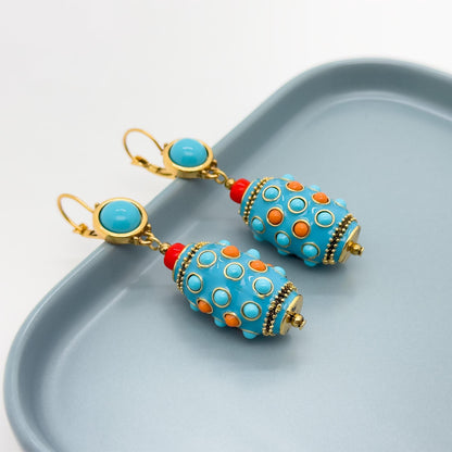 Vintage Ethnic Turquoise Thangka Drop Earrings Copper Enamel Tribal