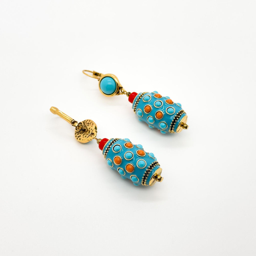 Vintage Ethnic Turquoise Thangka Drop Earrings Copper Enamel Tribal