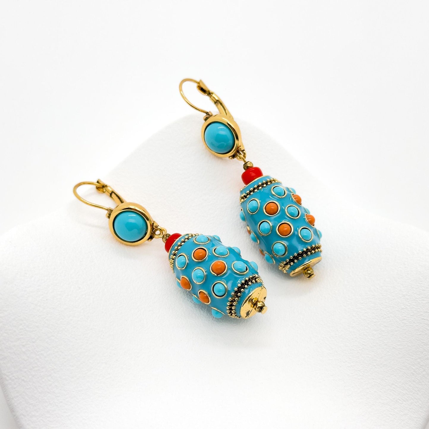 Vintage Ethnic Turquoise Thangka Drop Earrings Copper Enamel Tribal