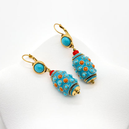 Vintage Ethnic Turquoise Thangka Drop Earrings Copper Enamel Tribal
