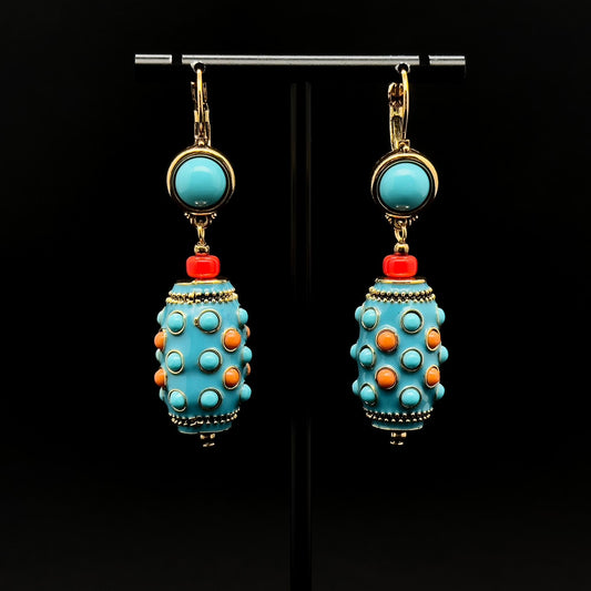 Vintage Ethnic Turquoise Thangka Drop Earrings Copper Enamel Tribal