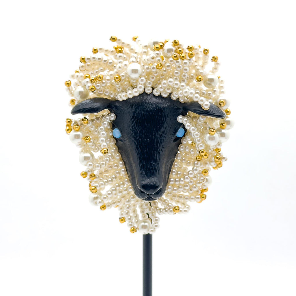 Vintage Art Deco Sheep Beaded Brooch with Gold-Plated Detail