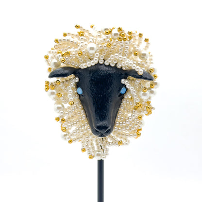 Vintage Art Deco Sheep Beaded Brooch with Gold-Plated Detail