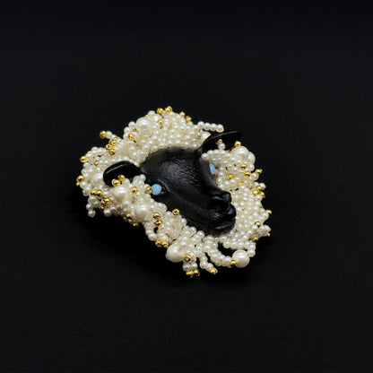 Vintage Art Deco Sheep Beaded Brooch with Gold-Plated Detail