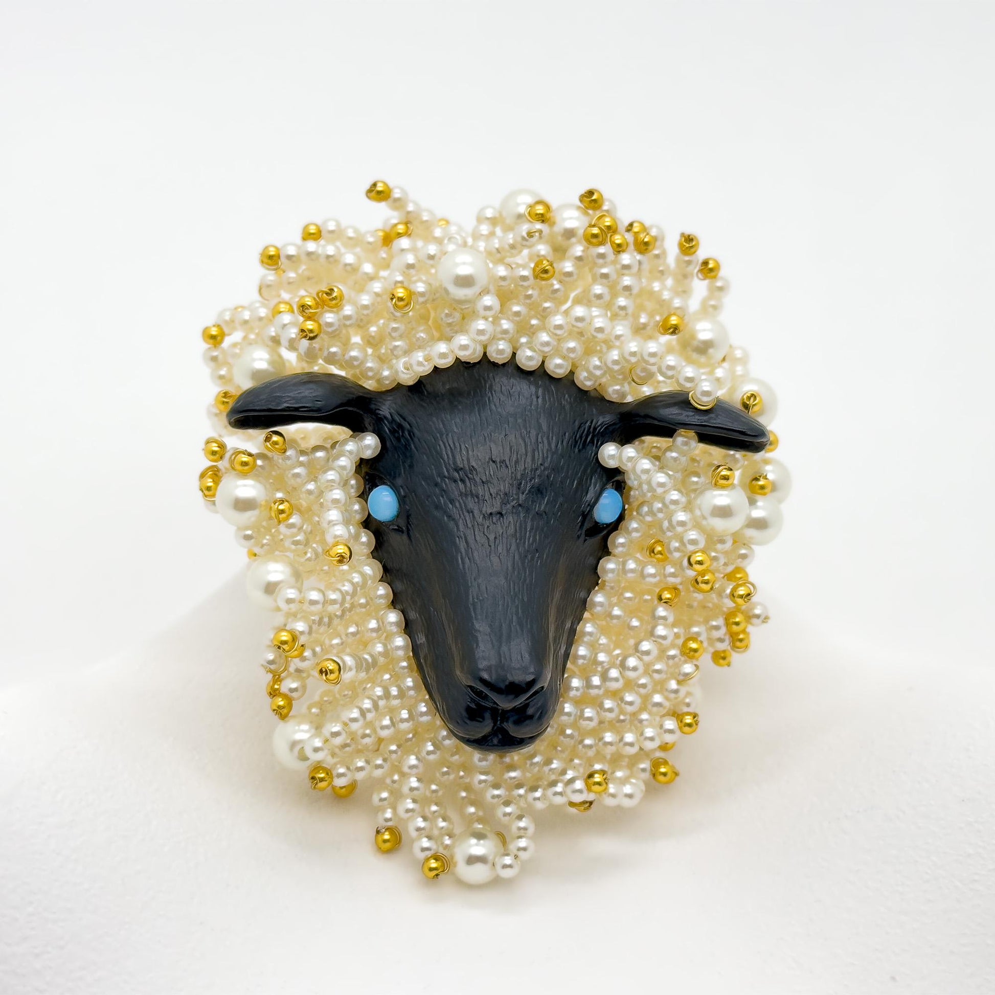 Vintage Art Deco Sheep Beaded Brooch with Gold-Plated Detail