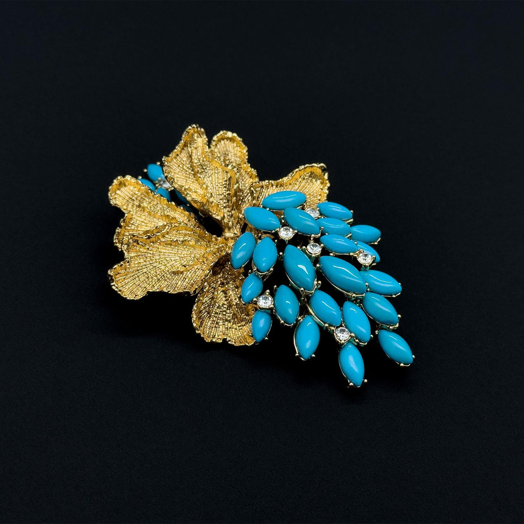 Vintage Art Deco Blue Grape Brooch Gold-Plated Rhinestone Leaf