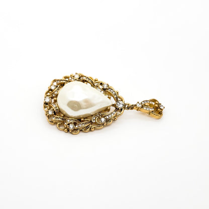 Vintage Art Deco Pearl Teardrop Brooch Gold-Plated Rhinestone Brooch