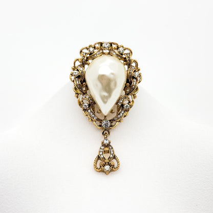 Vintage Art Deco Pearl Teardrop Brooch Gold-Plated Rhinestone Brooch