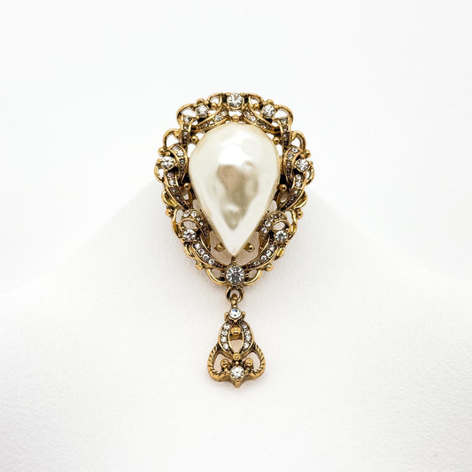 Vintage Art Deco Pearl Teardrop Brooch Gold-Plated Rhinestone Brooch