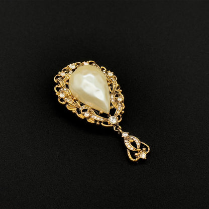Vintage Art Deco Pearl Teardrop Brooch Gold-Plated Rhinestone Brooch