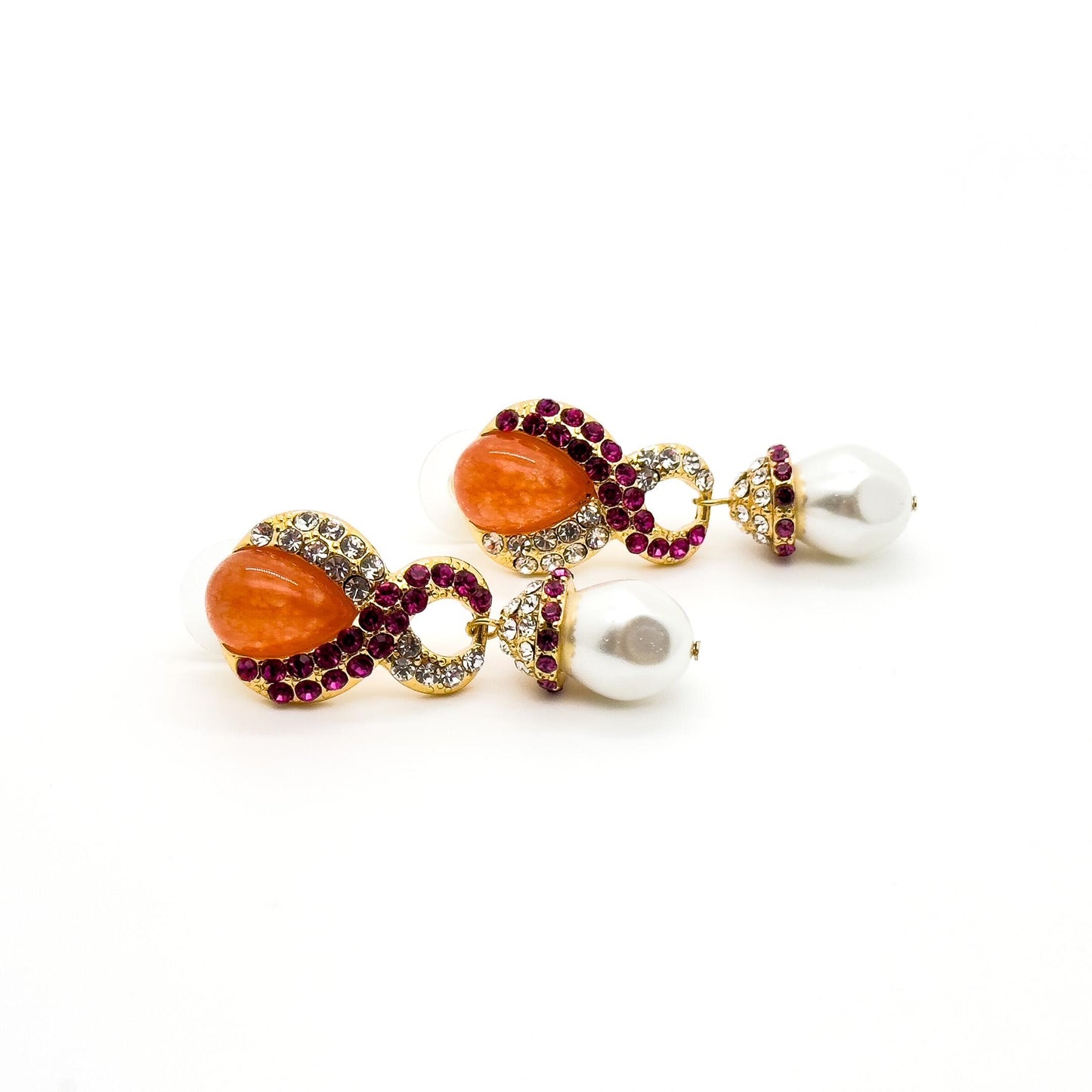 French Light Luxury Gold-Plated Pearl Teardrop Earrings with Coloured Rhinestones