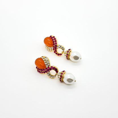 French Light Luxury Gold-Plated Pearl Teardrop Earrings with Coloured Rhinestones