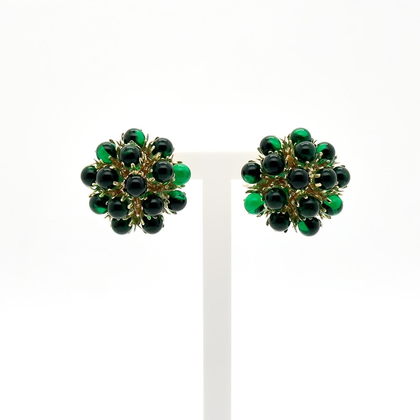 French Vintage Green Hydrangea Stud Earrings, Glass Flower, Gold-Plated