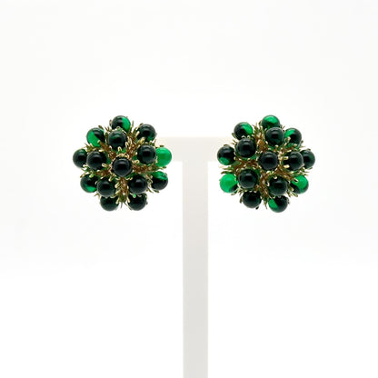 French Vintage Green Hydrangea Stud Earrings, Glass Flower, Gold-Plated