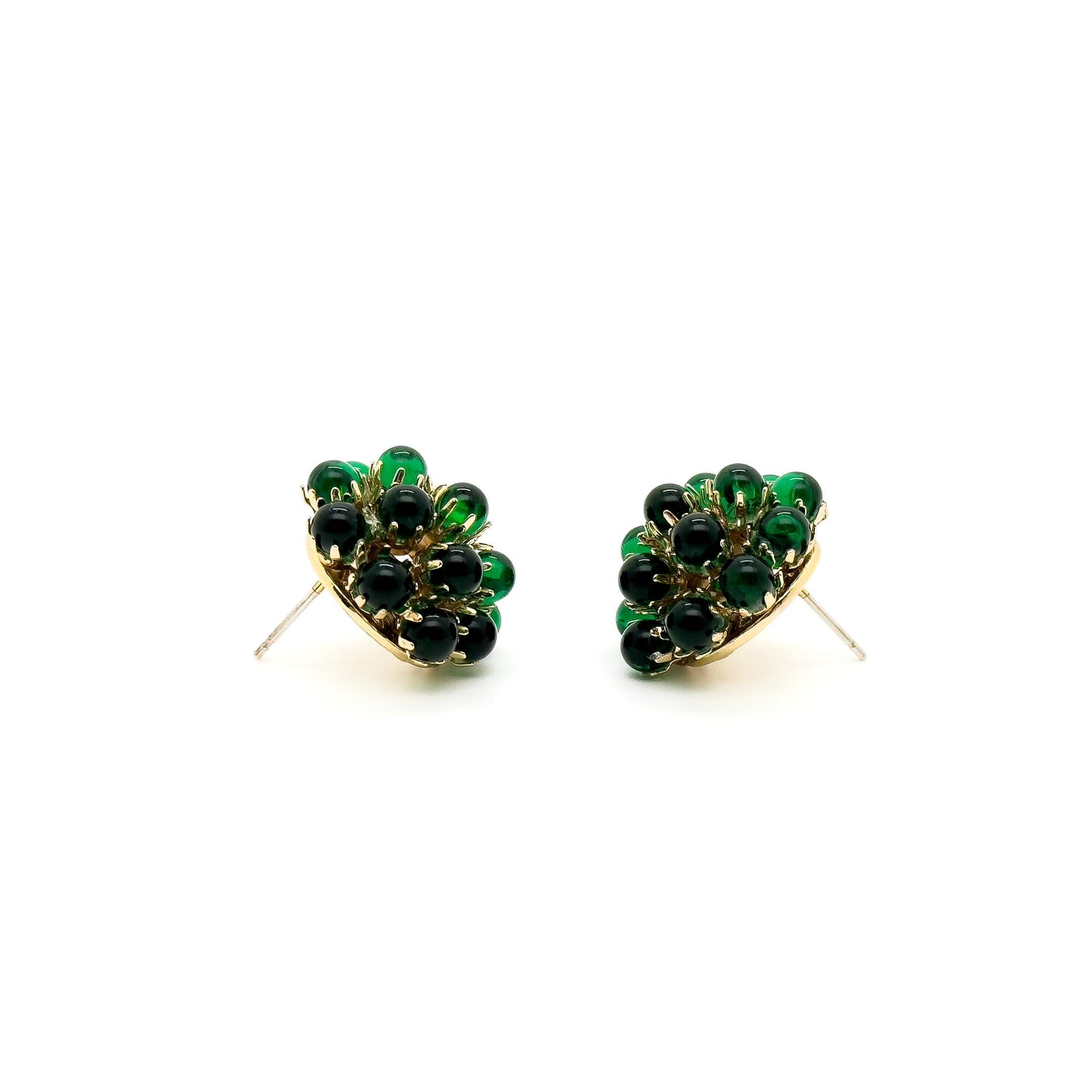 French Vintage Green Hydrangea Stud Earrings, Glass Flower, Gold-Plated