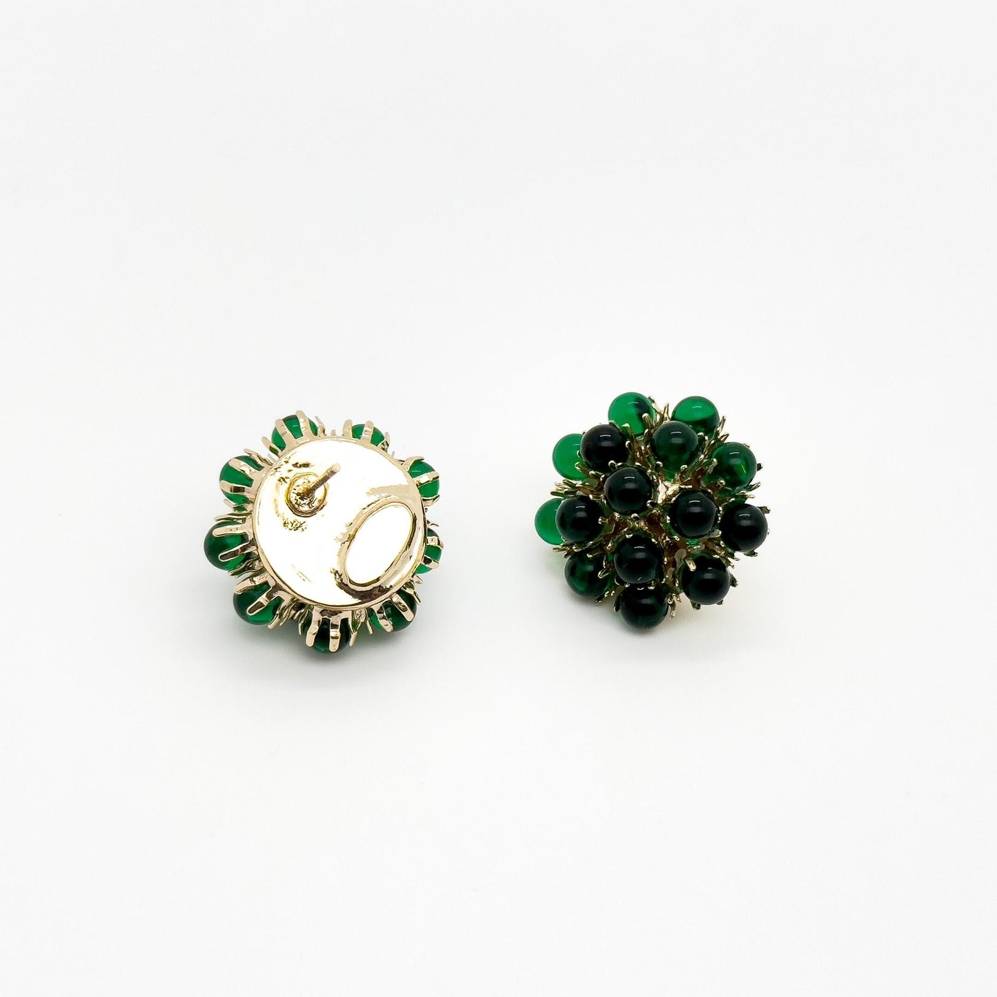 French Vintage Green Hydrangea Stud Earrings, Glass Flower, Gold-Plated
