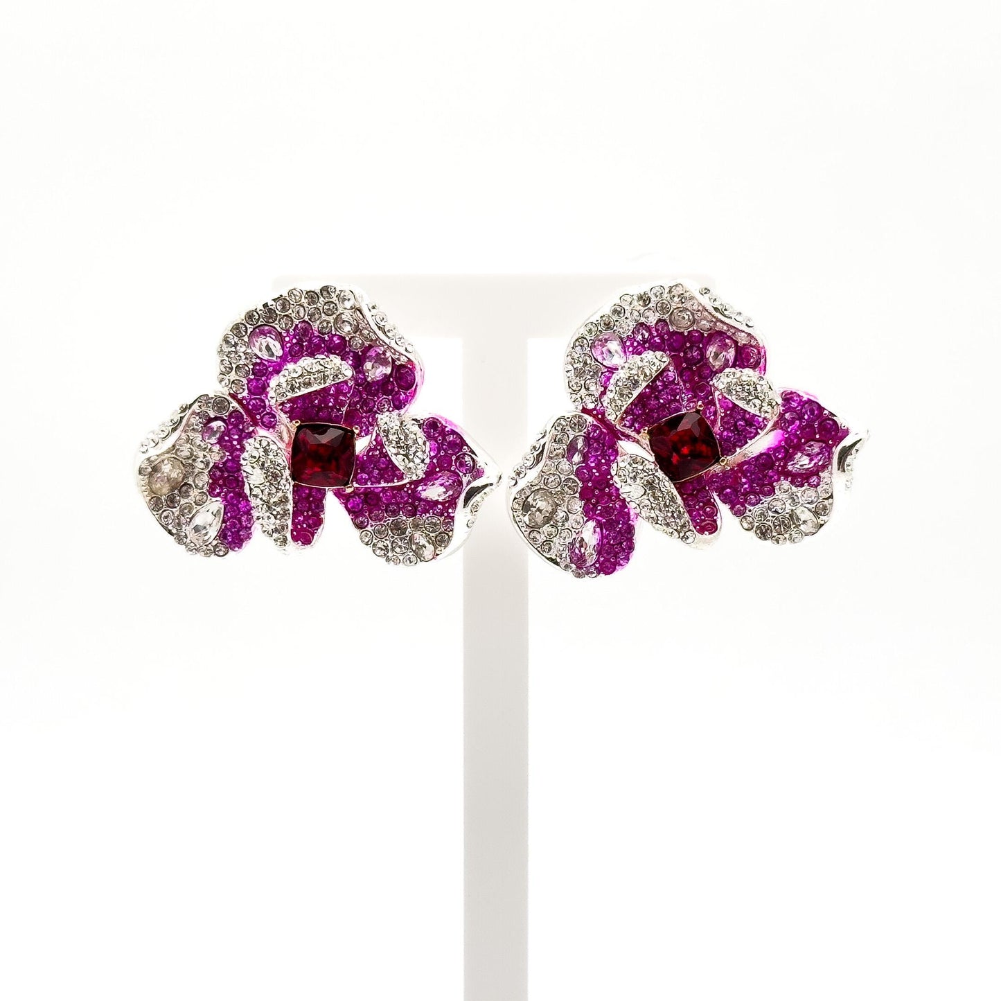 Pink Flower Crystal Stud Earrings – Rose Zircon Titanium 30mm