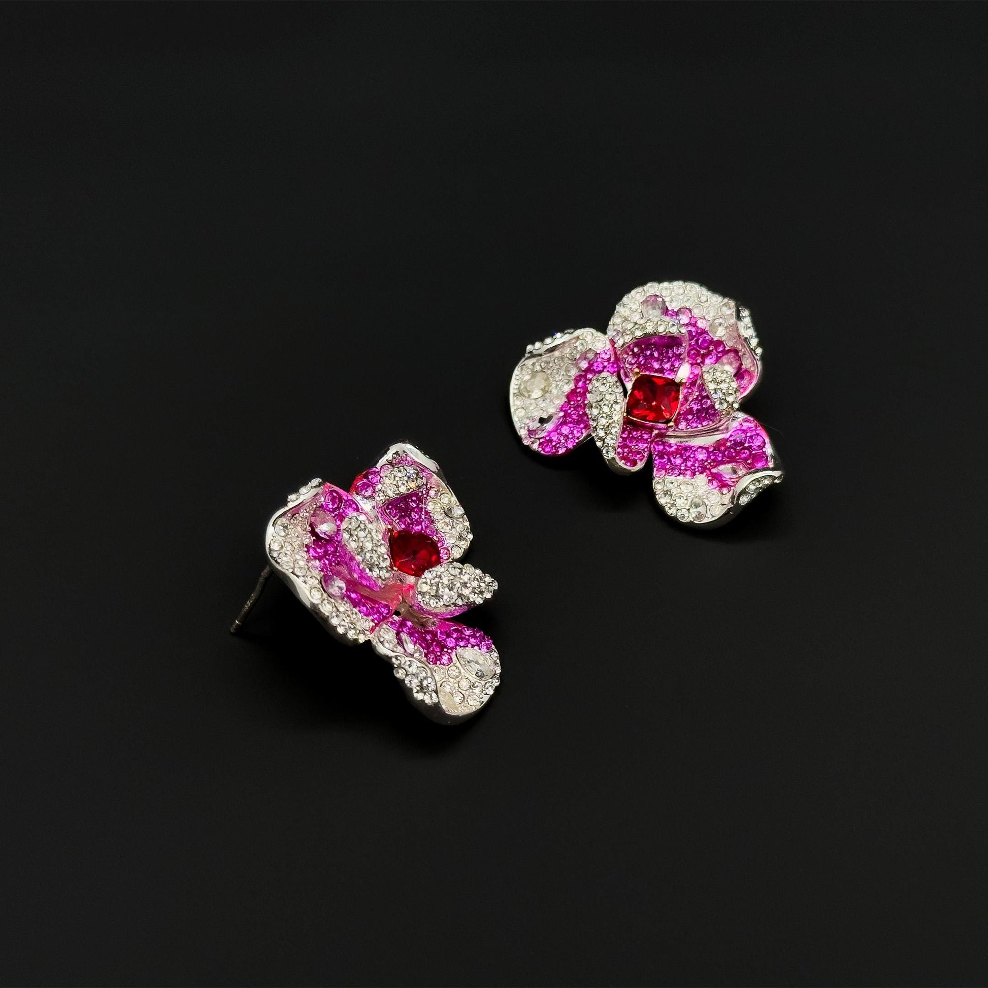 Pink Flower Crystal Stud Earrings – Rose Zircon Titanium 30mm