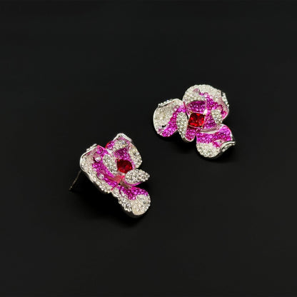 Pink Flower Crystal Stud Earrings – Rose Zircon Titanium 30mm