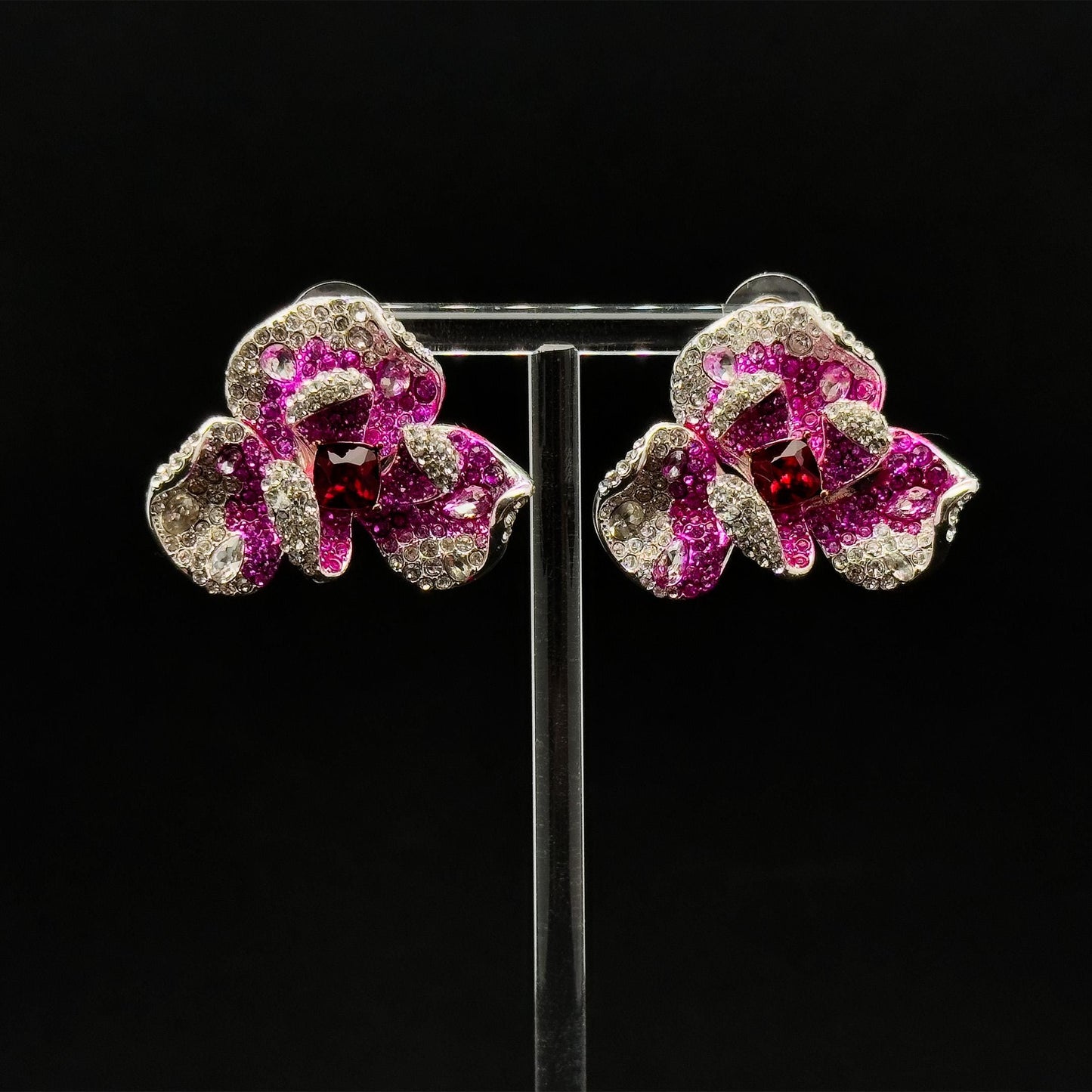 Pink Flower Crystal Stud Earrings – Rose Zircon Titanium 30mm