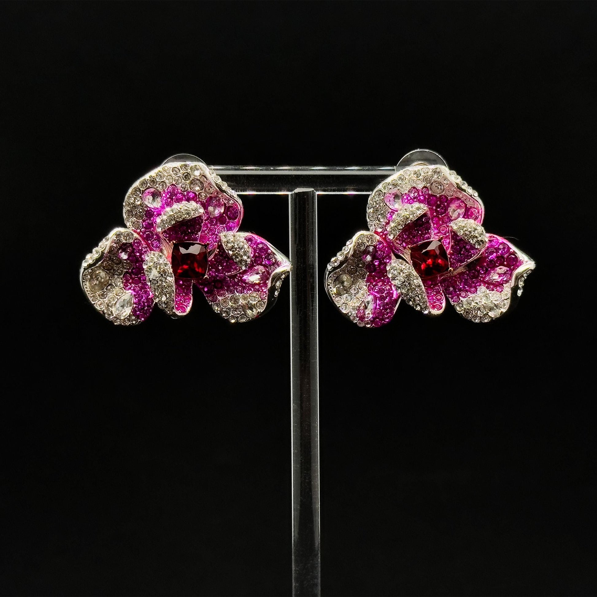Pink Flower Crystal Stud Earrings – Rose Zircon Titanium 30mm
