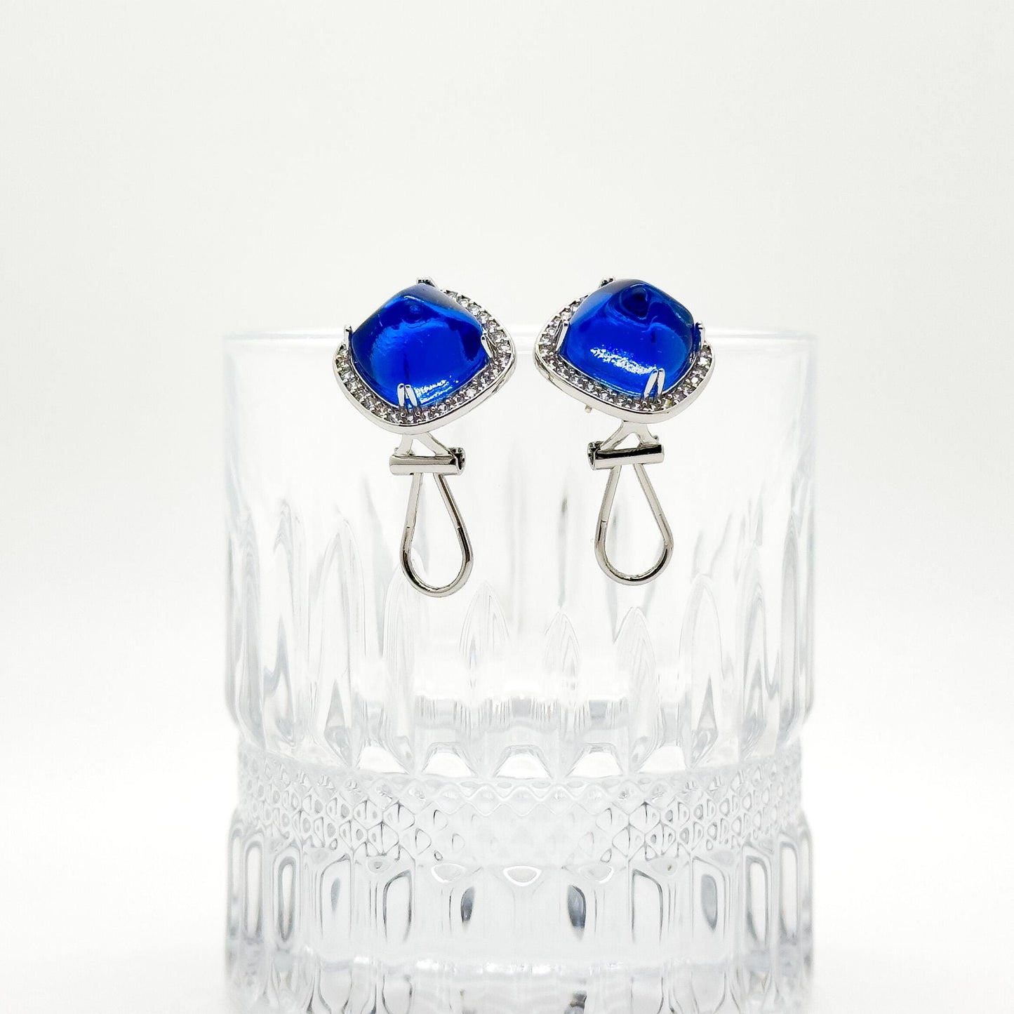 French Light Luxury Blue Glass Square Stud Earrings, 925 Silver