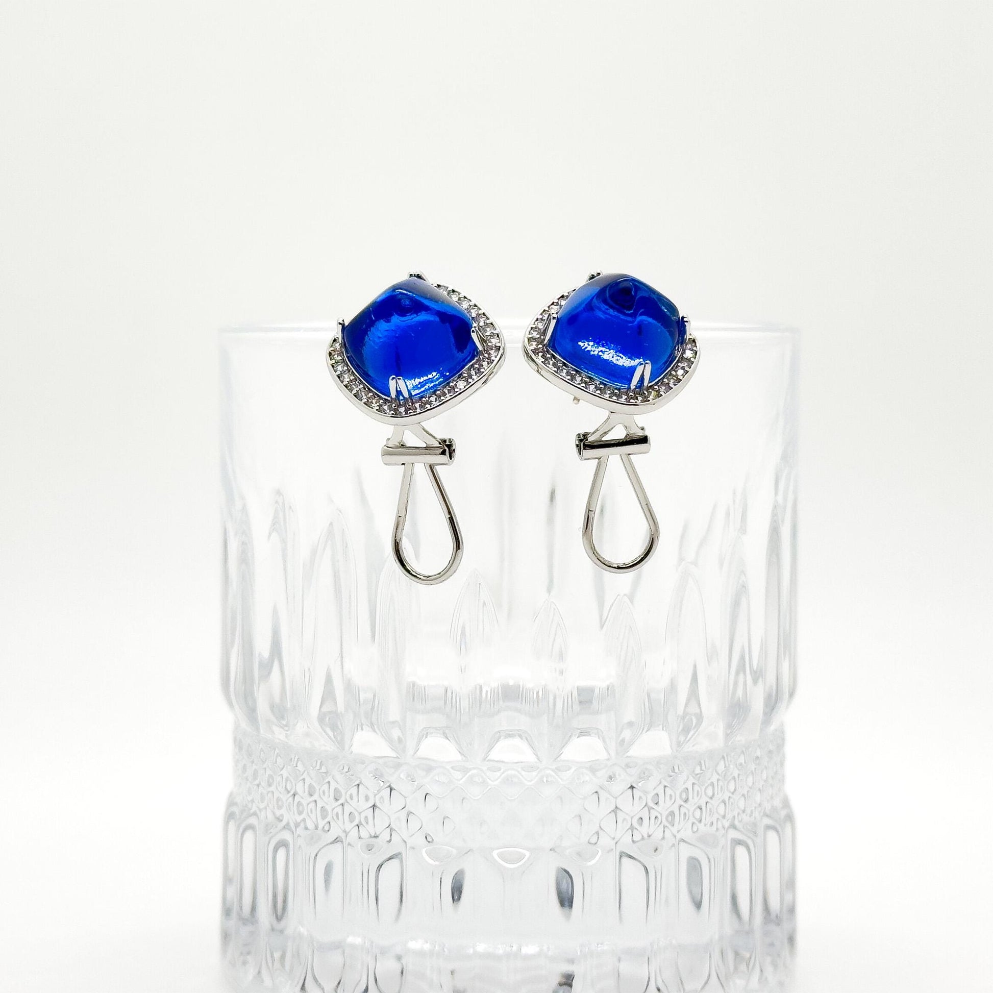 French Light Luxury Blue Glass Square Stud Earrings, 925 Silver