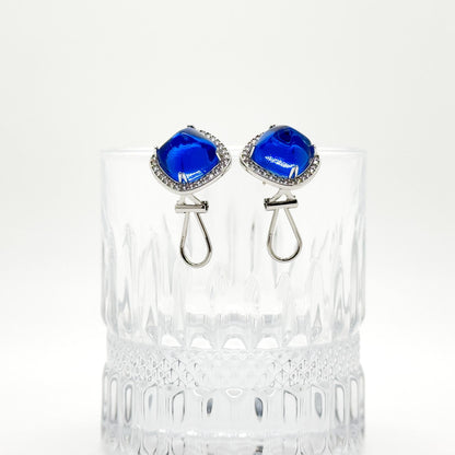 French Light Luxury Blue Glass Square Stud Earrings, 925 Silver