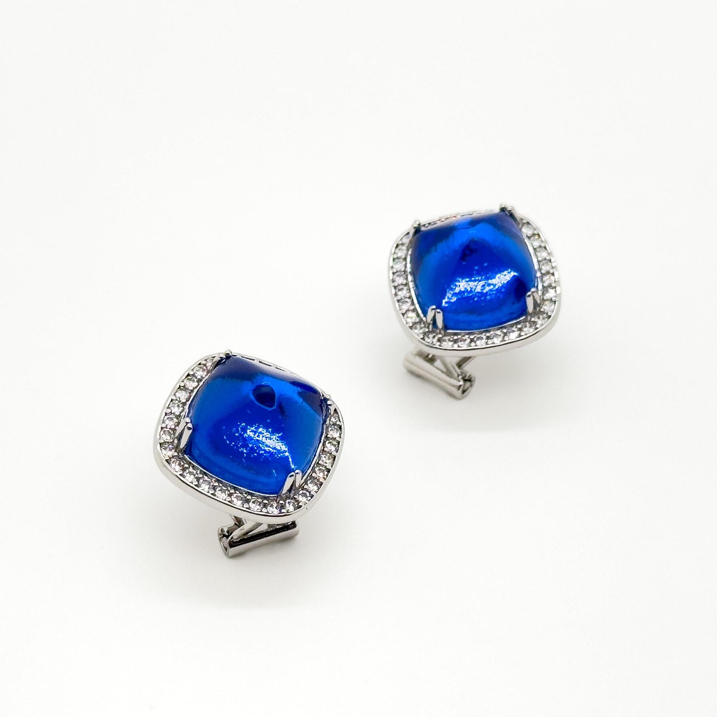 French Light Luxury Blue Glass Square Stud Earrings, 925 Silver