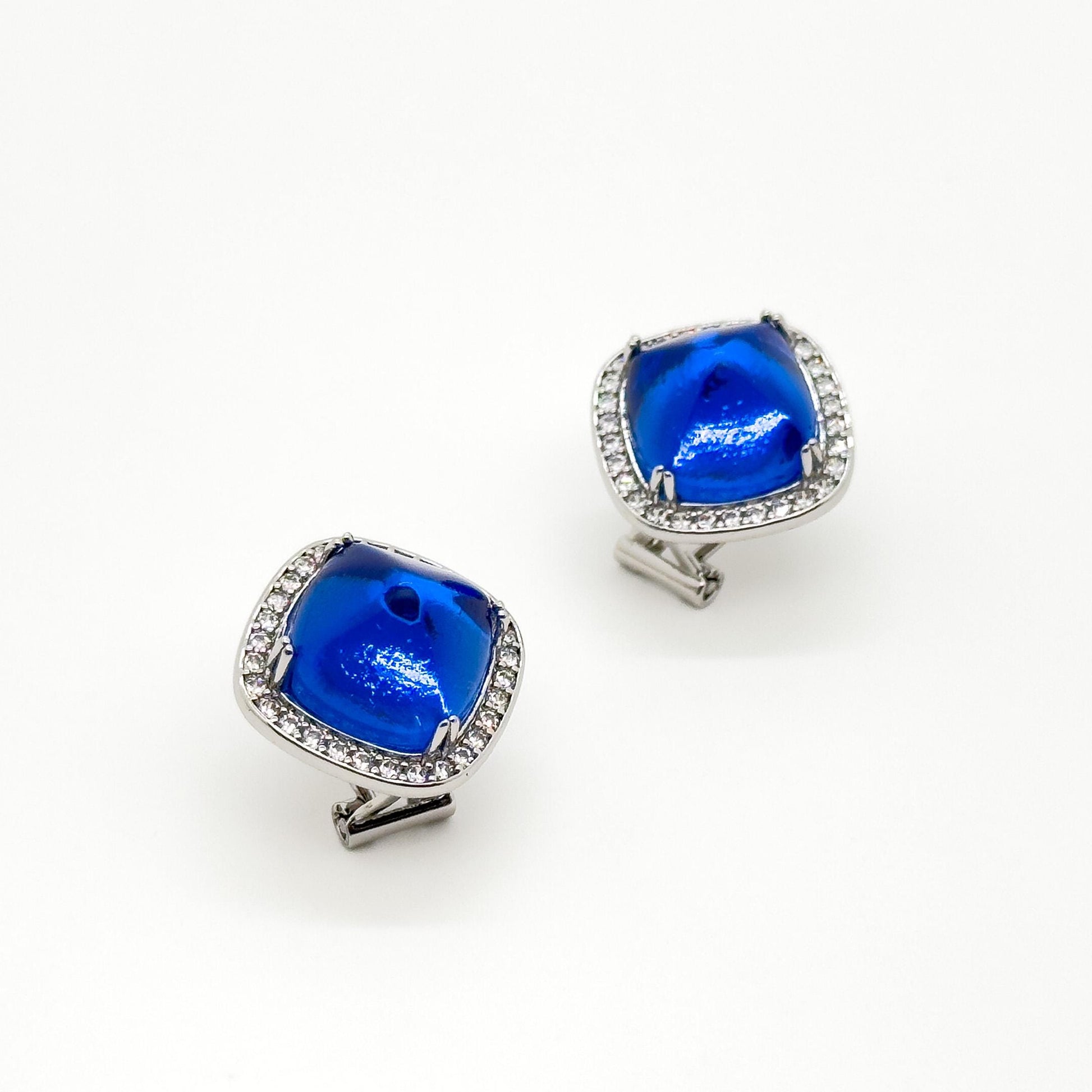 French Light Luxury Blue Glass Square Stud Earrings, 925 Silver