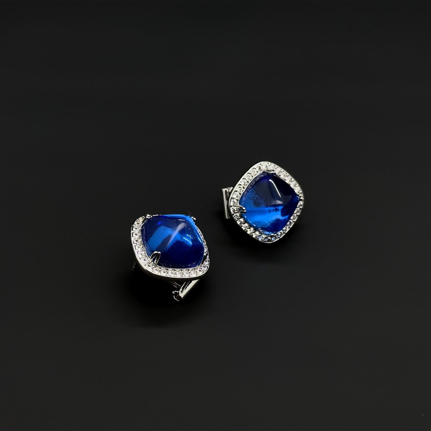 French Light Luxury Blue Glass Square Stud Earrings, 925 Silver