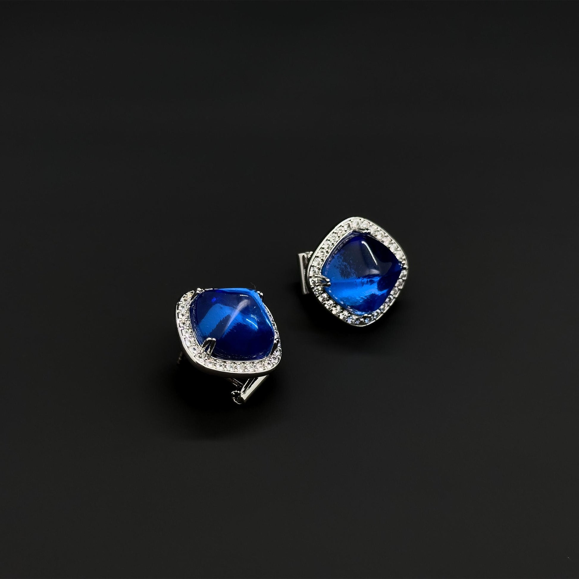 French Light Luxury Blue Glass Square Stud Earrings, 925 Silver